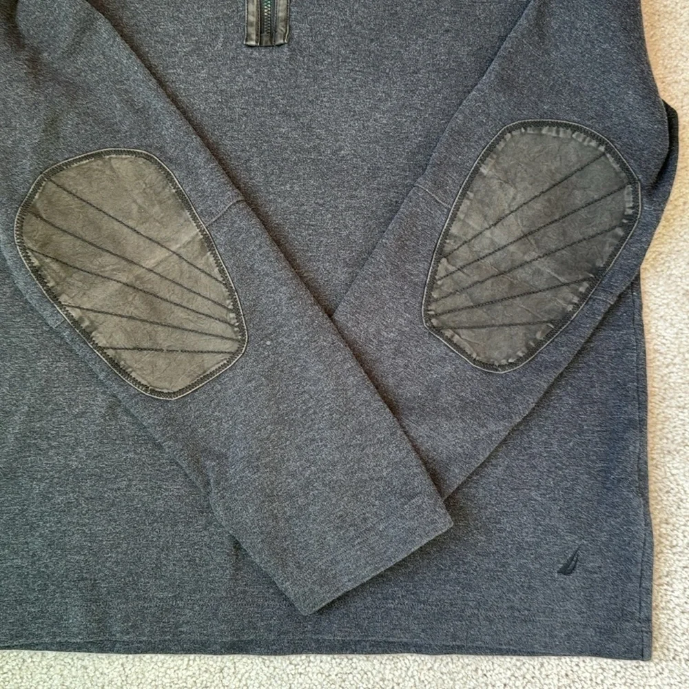 Nautica Mens 1/4 Zip Sweatshirt Elbow Patches Cotton Charcoal Grey Size XL